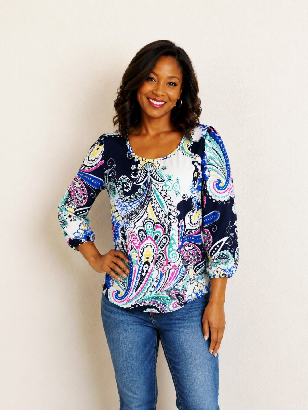 Scoop Neck Paisley 3/4 Sleeve Blouse in Navy & Multicolor
